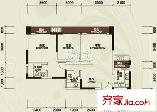 金陽牛津街小區(qū)戶型圖1-3棟-02 2室2廳2衛(wèi)1廚