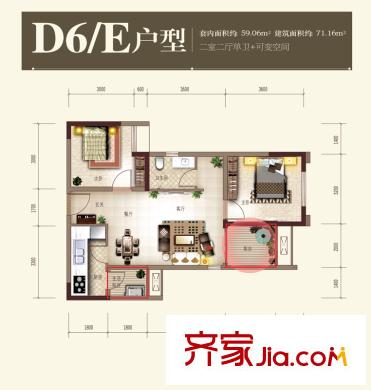 旭輝朗香郡戶型圖五期6號(hào)樓標(biāo)準(zhǔn)層D6-E戶型（已售完） 2室2廳1衛(wèi)1廚