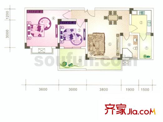 金香林戶型圖5,7號樓標準層 2室1廳1衛(wèi)1廚
