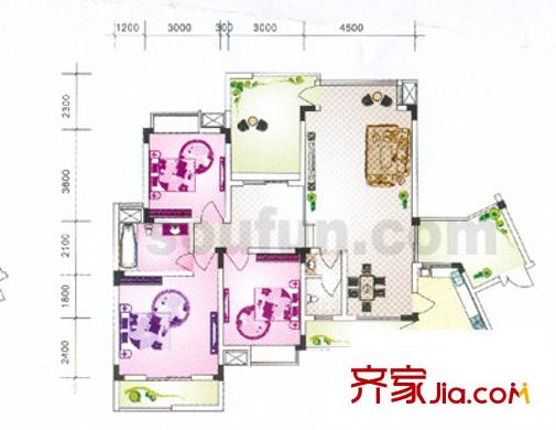 金香林戶型圖5,7號樓標準層 4室3廳2衛(wèi)1廚