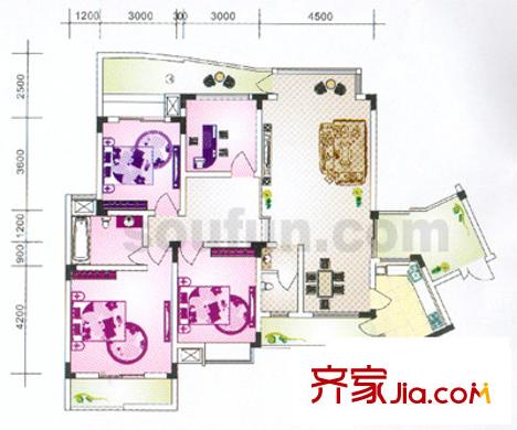 金香林戶型圖5,7號(hào)樓標(biāo)準(zhǔn)層 3室3廳2衛(wèi)1廚