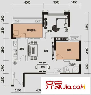 財信城市國際戶型圖一期9號樓標(biāo)準(zhǔn)層C戶型 1室2廳1衛(wèi)1廚