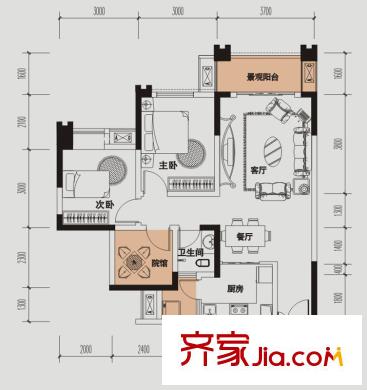 財信城市國際戶型圖二期6、7號樓標(biāo)準(zhǔn)層B戶型7、2號房 2室2廳1衛(wèi)1廚