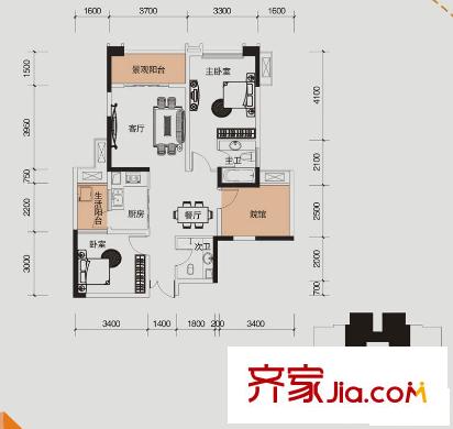 財(cái)信城市國(guó)際戶型圖一期5號(hào)樓標(biāo)準(zhǔn)層B戶型（2、3號(hào)房） 2室2廳2衛(wèi)1廚