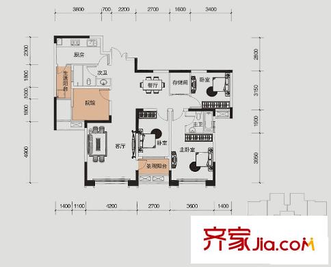 財信城市國際戶型圖一期5號樓標(biāo)準(zhǔn)層C戶型7號房 3室2廳2衛(wèi)1廚