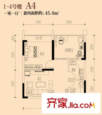 金鵬兩江時光一期1-4號樓標(biāo)準(zhǔn)層A4戶型 1室1廳1衛(wèi)1廚
