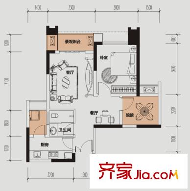 財信城市國際戶型圖二期7、6號樓標(biāo)準(zhǔn)層A戶型1、8號房 1室2廳1衛(wèi)1廚