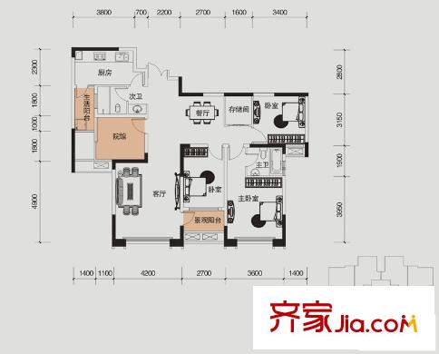 財(cái)信城市國(guó)際戶型圖一期5號(hào)樓標(biāo)準(zhǔn)層C戶型（7號(hào)房） 3室2廳2衛(wèi)1廚
