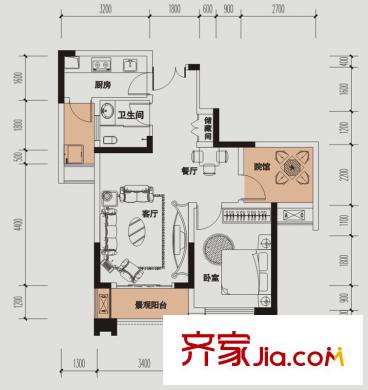 財信城市國際戶型圖二期6、7號樓標(biāo)準(zhǔn)層D戶型圖4、5號房 1室2廳1衛(wèi)1廚