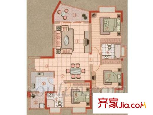 晉愉上江城戶型圖3室 3室2廳2衛(wèi)1廚