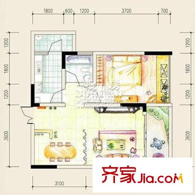 東衡檳城戶型圖6號樓戶型N 1室2廳1衛(wèi)1廚