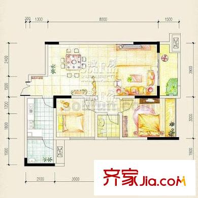 東衡檳城戶(hù)型圖戶(hù)型C 2室2廳1衛(wèi)1廚