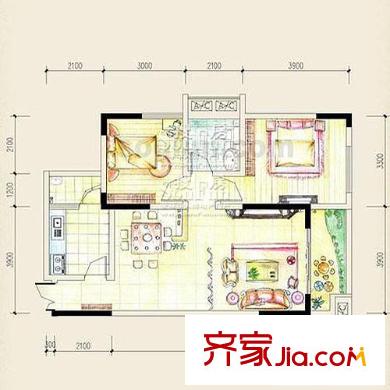 東衡檳城戶型圖戶型B 2室2廳1衛(wèi)1廚