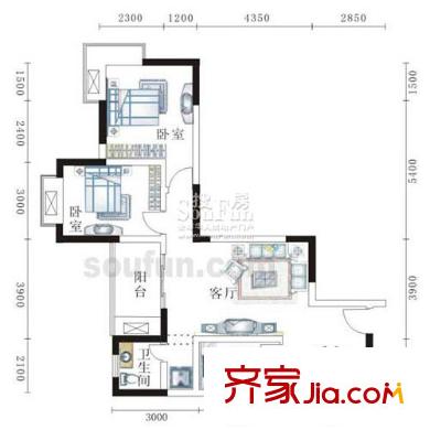 北岸新洲戶型圖A-1,A-2棟3、8號房 2室2廳1衛(wèi)1廚