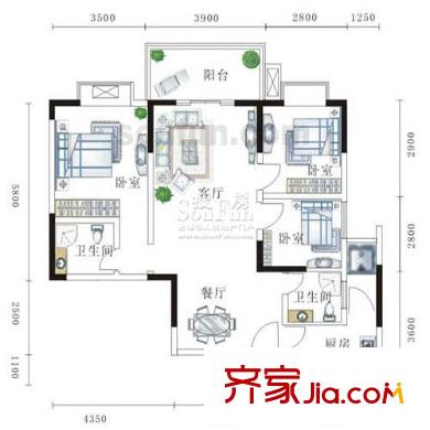 北岸新洲戶型圖A-2棟4、7號房 2室2廳1衛(wèi)1廚