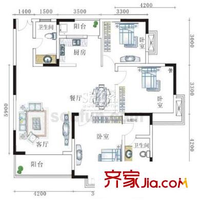 北岸新洲戶型圖D-1234棟3、4號房 3室2廳2衛(wèi)1廚