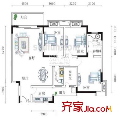 北岸新洲戶型圖D-1234棟1、2號房 3室2廳2衛(wèi)1廚