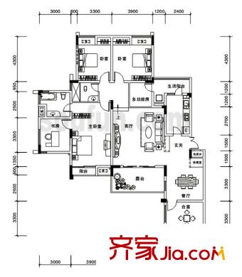 金科東方王榭戶型圖12棟B-2 6室2廳2衛(wèi)1廚