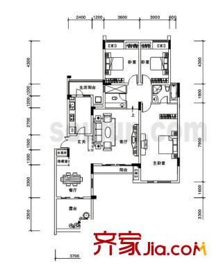 金科東方王榭戶型圖12棟A3 3室2廳2衛(wèi)1廚
