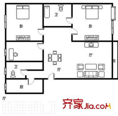 金科東方王榭戶型圖戶型圖 2室2廳2衛(wèi)1廚