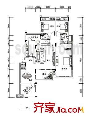 金科東方王榭戶型圖12棟A2 4室2廳2衛(wèi)1廚