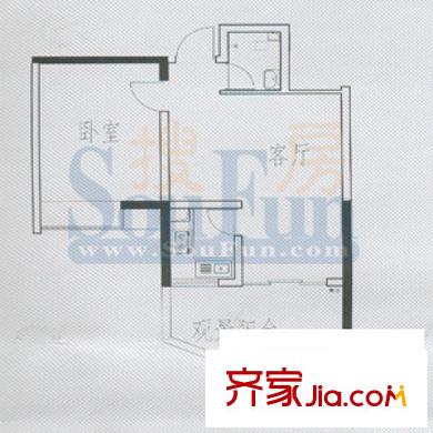 嘉韻山水城戶型圖D1戶型 1室1廳1衛(wèi)1廚
