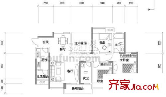 奧林匹克花園戶型圖A8 3室2廳2衛(wèi)1廚