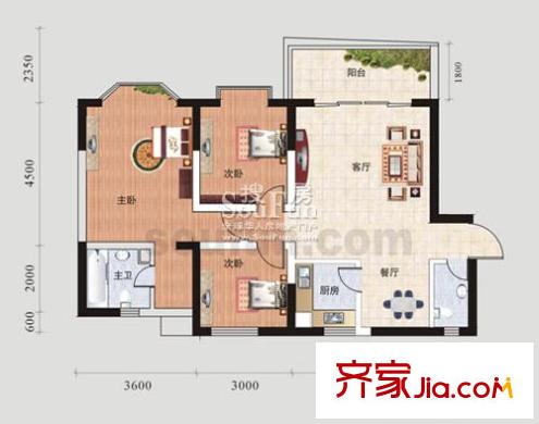 蘭波紅城麗景戶型圖B-1 3室2廳2衛(wèi)1廚