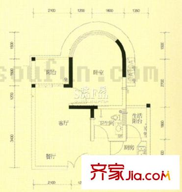 華宇西城麗景A區(qū)戶型圖3號房3-16層 1室2廳1衛(wèi)1廚