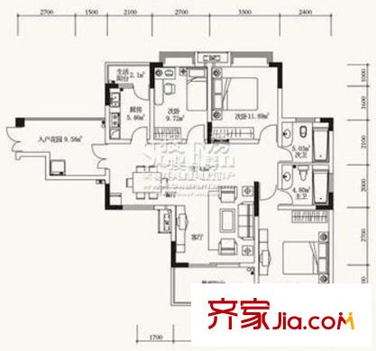卓越美麗山水戶型圖1號樓2單元4號房 3室2廳2衛(wèi)1廚