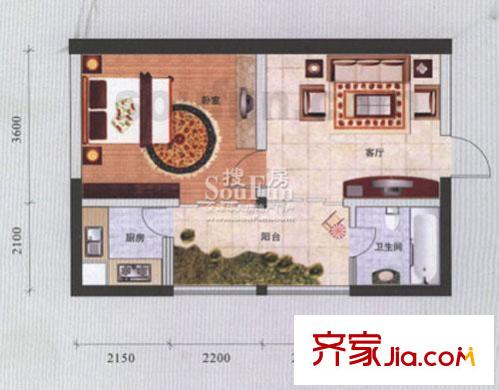 蘭波紅城麗景戶型圖B-5 1室1廳1衛(wèi)1廚