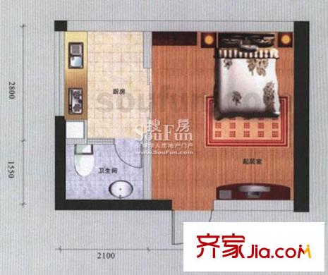 蘭波紅城麗景戶型圖B-4-單間配套 1室1廳1衛(wèi)1廚