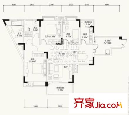 卓越美麗山水戶型圖1號樓2單元1號房 3室2廳2衛(wèi)1廚
