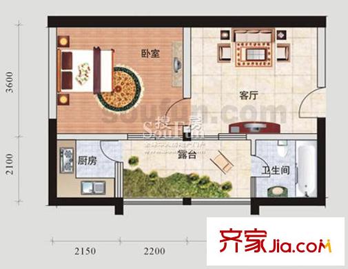 蘭波紅城麗景戶型圖B-5 1室1廳1衛(wèi)1廚