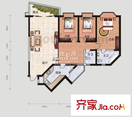 蘭波紅城麗景戶型圖C-5、D-5 2室2廳2衛(wèi)1廚