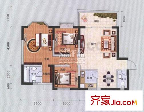 蘭波紅城麗景戶型圖B-1 3室2廳2衛(wèi)1廚
