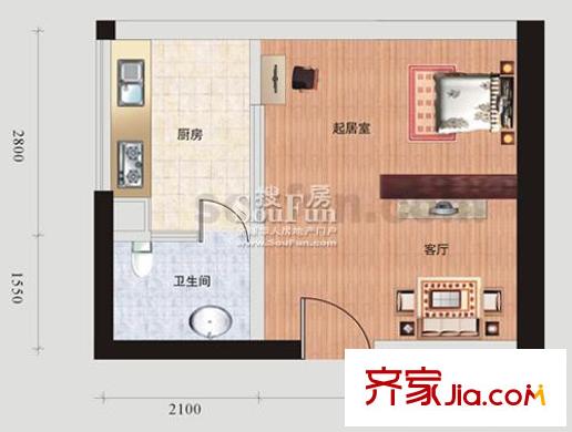 蘭波紅城麗景戶型圖B-4-單間配套 1室1廳1衛(wèi)1廚