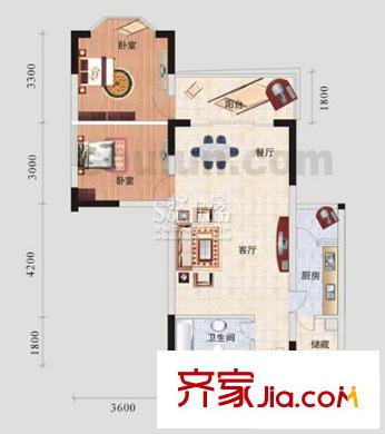 蘭波紅城麗景戶型圖B-3 2室2廳2衛(wèi)2廚