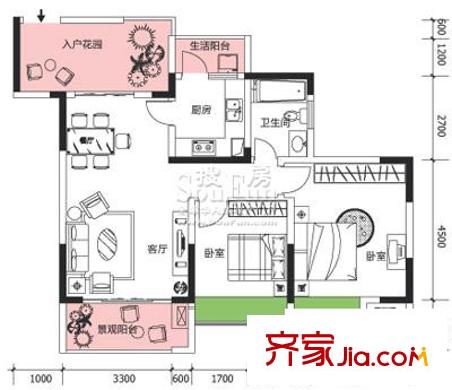 隆鑫國際戶型圖二期 6棟7號房 2室2廳1衛(wèi)1廚