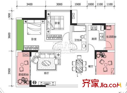 隆鑫國際戶型圖二期 6棟6號房 2室2廳1衛(wèi)1廚