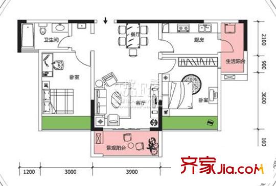 隆鑫國際戶型圖二期 6棟1號房 2室2廳1衛(wèi)1廚