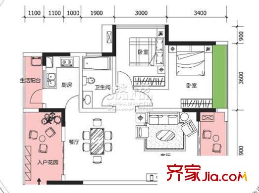 隆鑫國際戶型圖二期 6棟3號房 2室2廳1衛(wèi)1廚