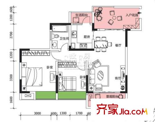 隆鑫國際戶型圖二期 6棟2號房 2室2廳1衛(wèi)1廚