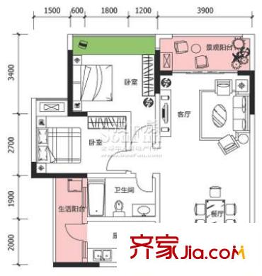 隆鑫國際戶型圖二期 6棟5號房 2室2廳1衛(wèi)1廚