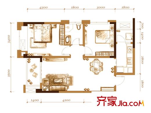 萬(wàn)科悅峰戶型圖一期5、6、7號(hào)樓標(biāo)準(zhǔn)層1號(hào)房 2室2廳1衛(wèi)1廚
