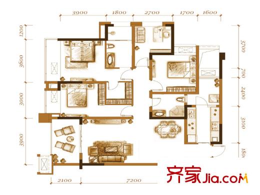 萬(wàn)科悅峰戶型圖一期5、6、7號(hào)樓標(biāo)準(zhǔn)層6號(hào)房 3室2廳2衛(wèi)1廚