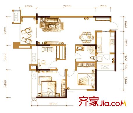 萬(wàn)科悅峰戶型圖一期5、6、7號(hào)樓標(biāo)準(zhǔn)層5號(hào)房 2室2廳1衛(wèi)1廚