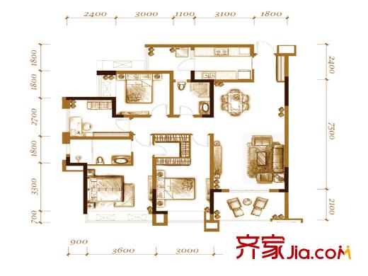 萬(wàn)科悅峰戶型圖一期5、6、7號(hào)樓標(biāo)準(zhǔn)層4號(hào)房 3室2廳2衛(wèi)1廚