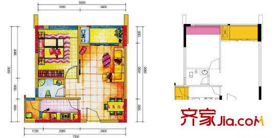 大城小愛戶型圖A戶型A8 1室2廳1衛(wèi)1廚