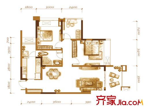 萬(wàn)科悅峰戶型圖一期5、6、7號(hào)樓標(biāo)準(zhǔn)層3號(hào)房 2室2廳1衛(wèi)1廚